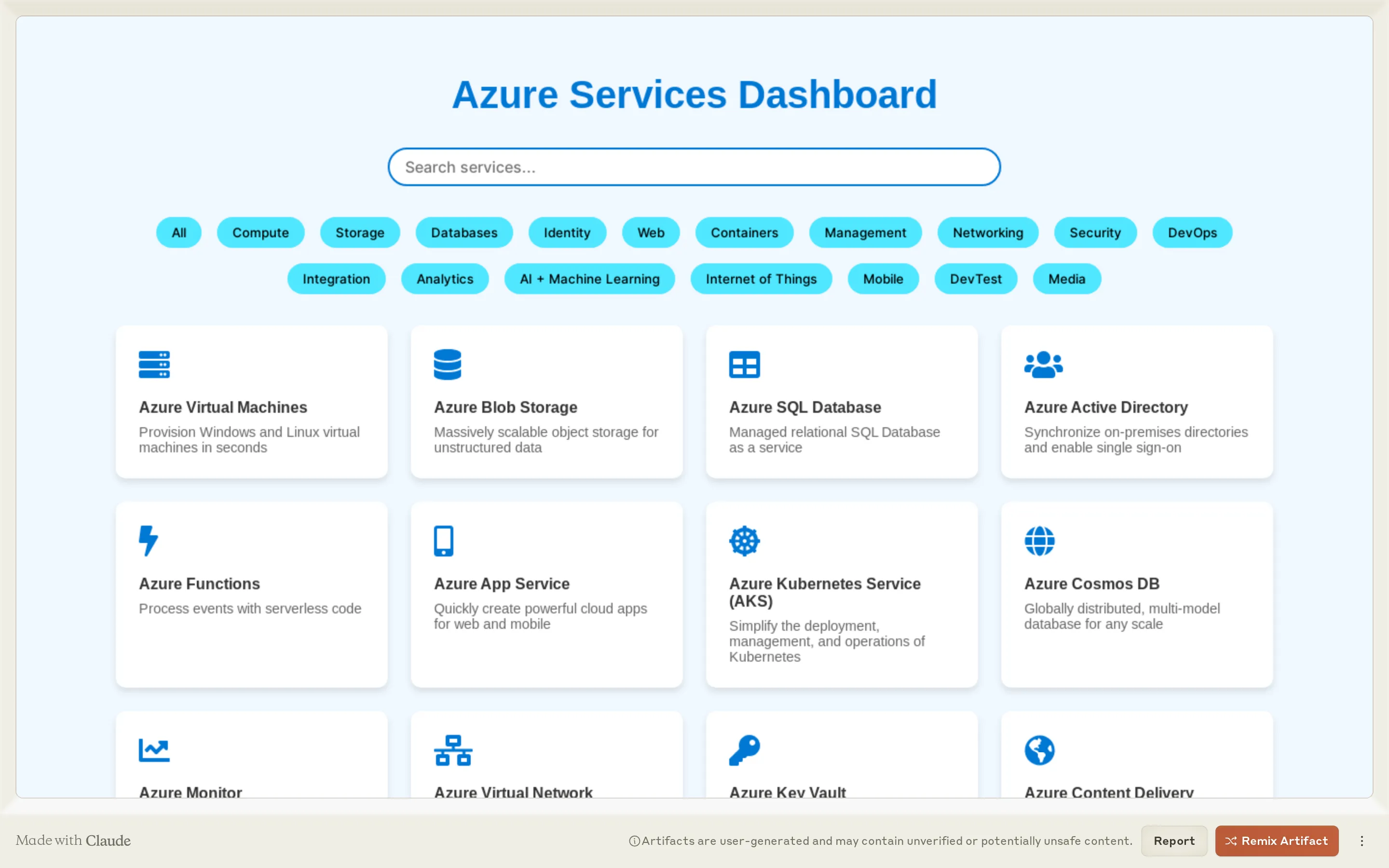 Complete Azure Services Dashboard - All 50 Services